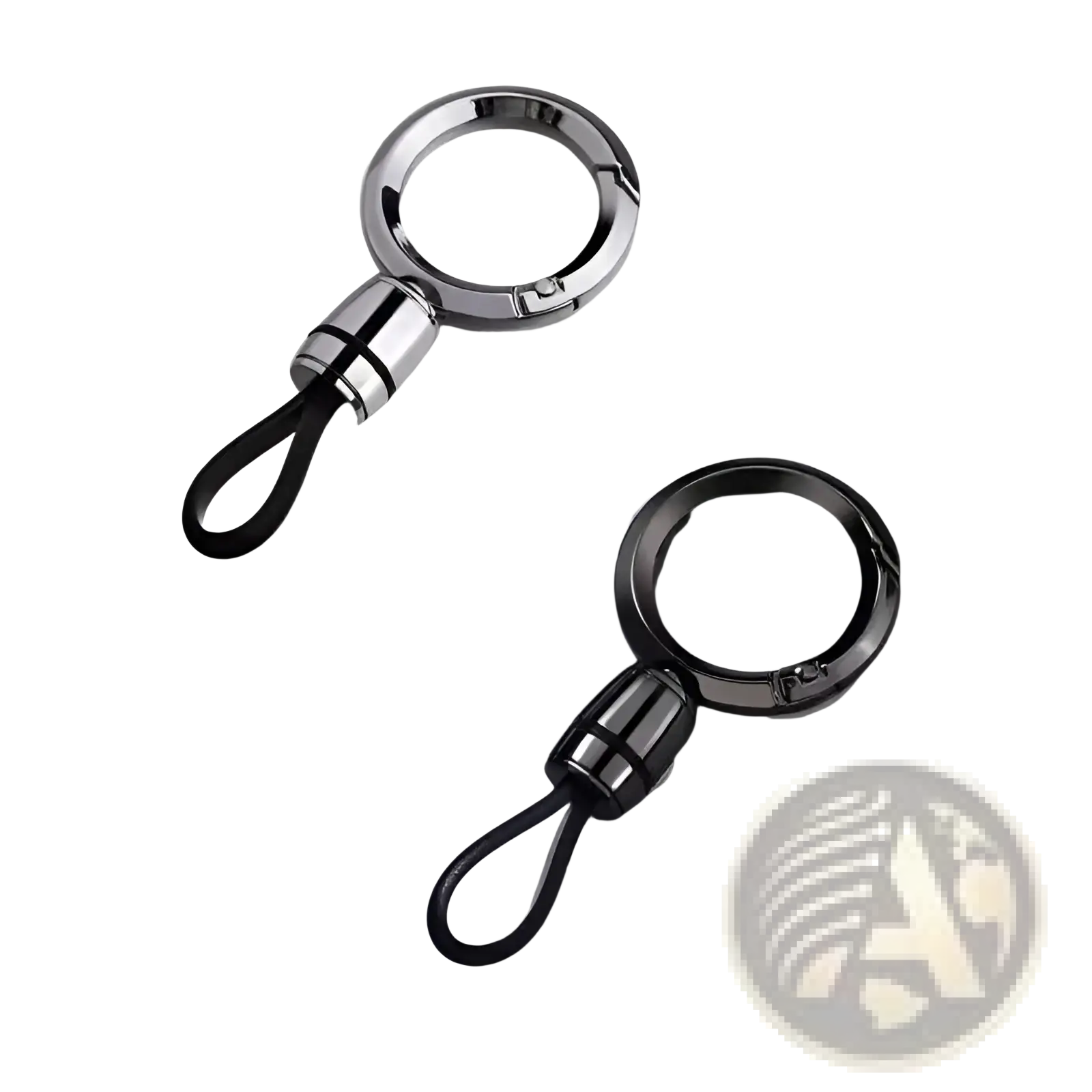 Two magnetic metal carabiner keychains with black rubber loops in polished silver and matte black on gray surface