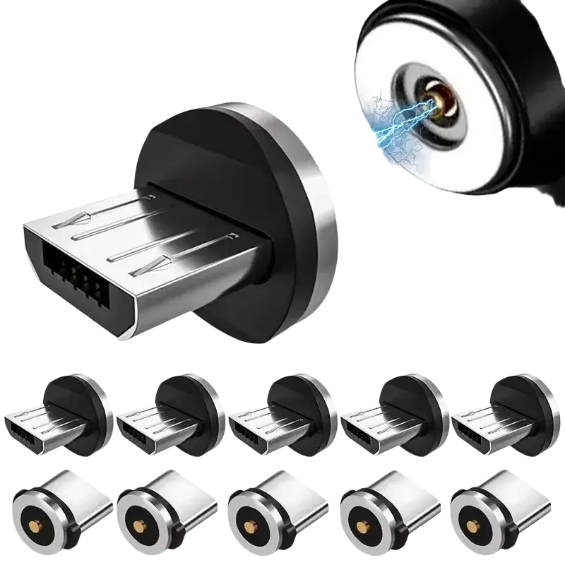Black and silver magnetic micro usb charging plug adapter with circular metallic base for efficient charging connection