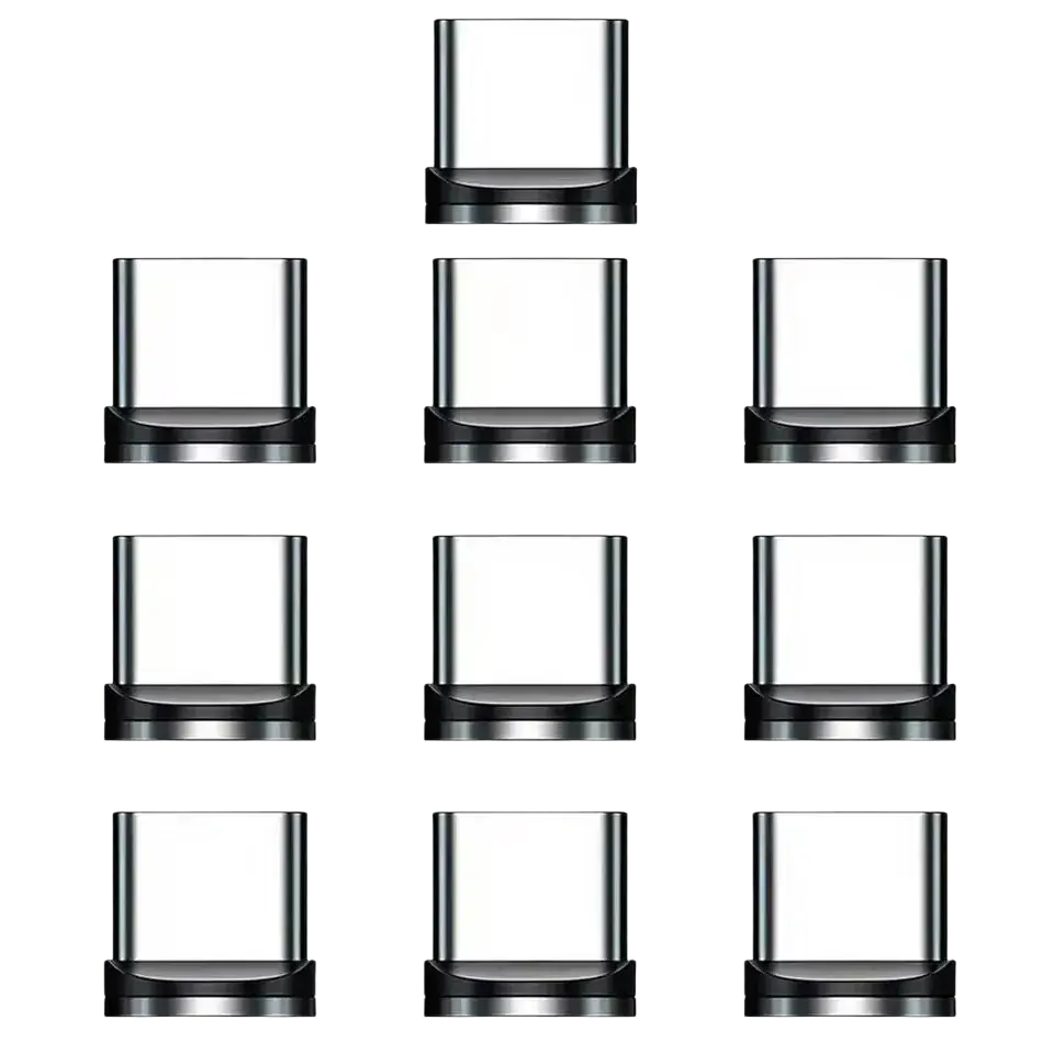 Clear glass vape tank cartridges with black metallic bases arranged in a grid for micro usb magnetic charging adapter use