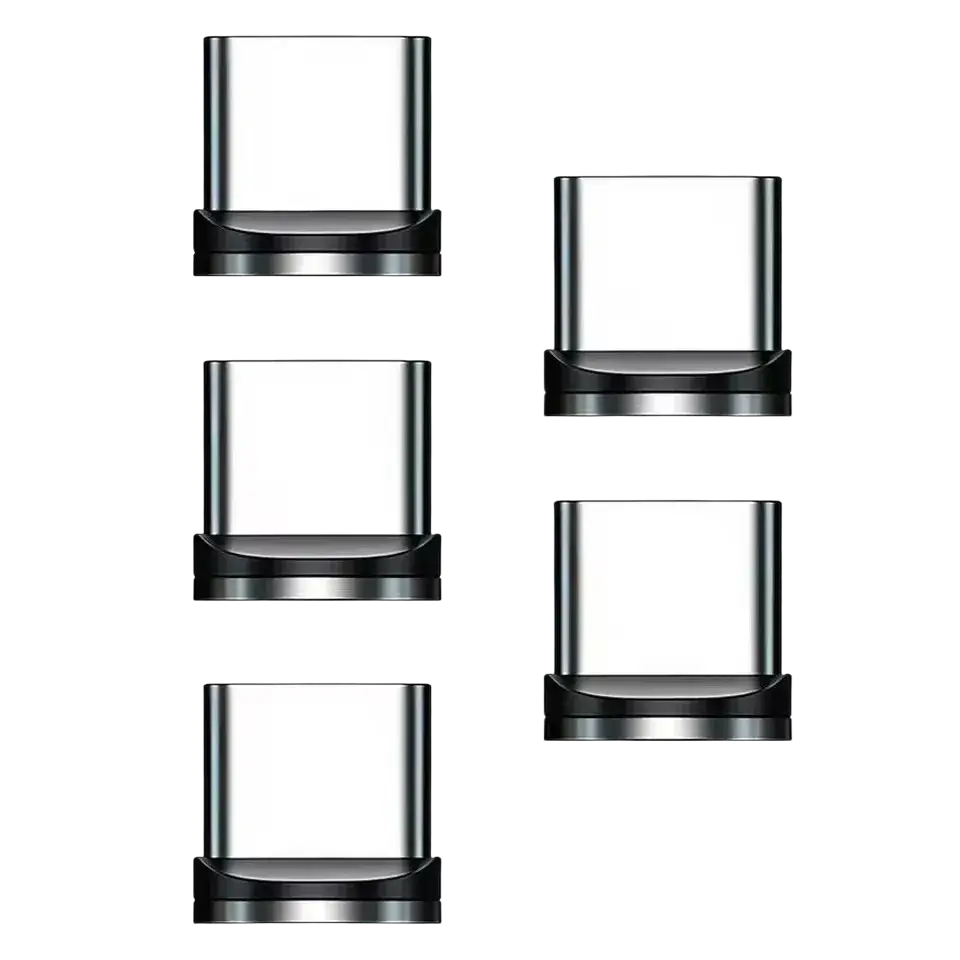 Clear glass vape tank cartridges with black and silver metallic bases compatible with magnetic micro usb charging adapter