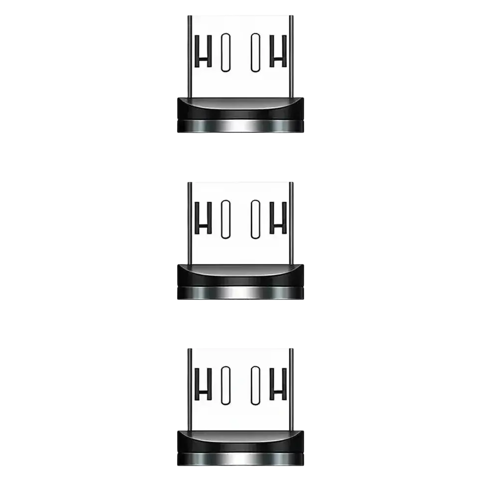 Three identical black and silver magnetic micro usb charging plug adapters with metallic bases and usb-c ports