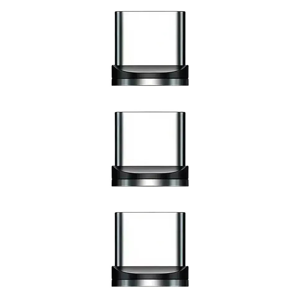 Three transparent glass vape tank tops with black silver bases for magnetic micro usb charging plug adapter use