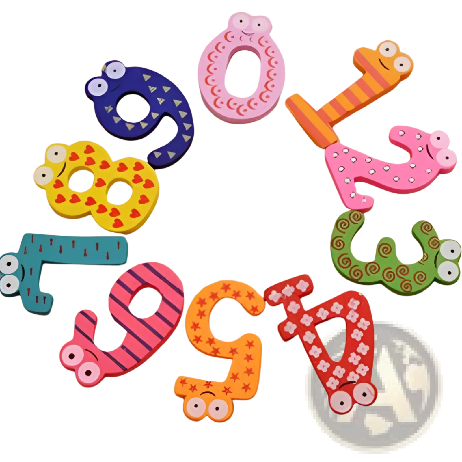 Colorful cartoonish magnetic number fridge magnets with googly eyes and playful patterns for kids toys