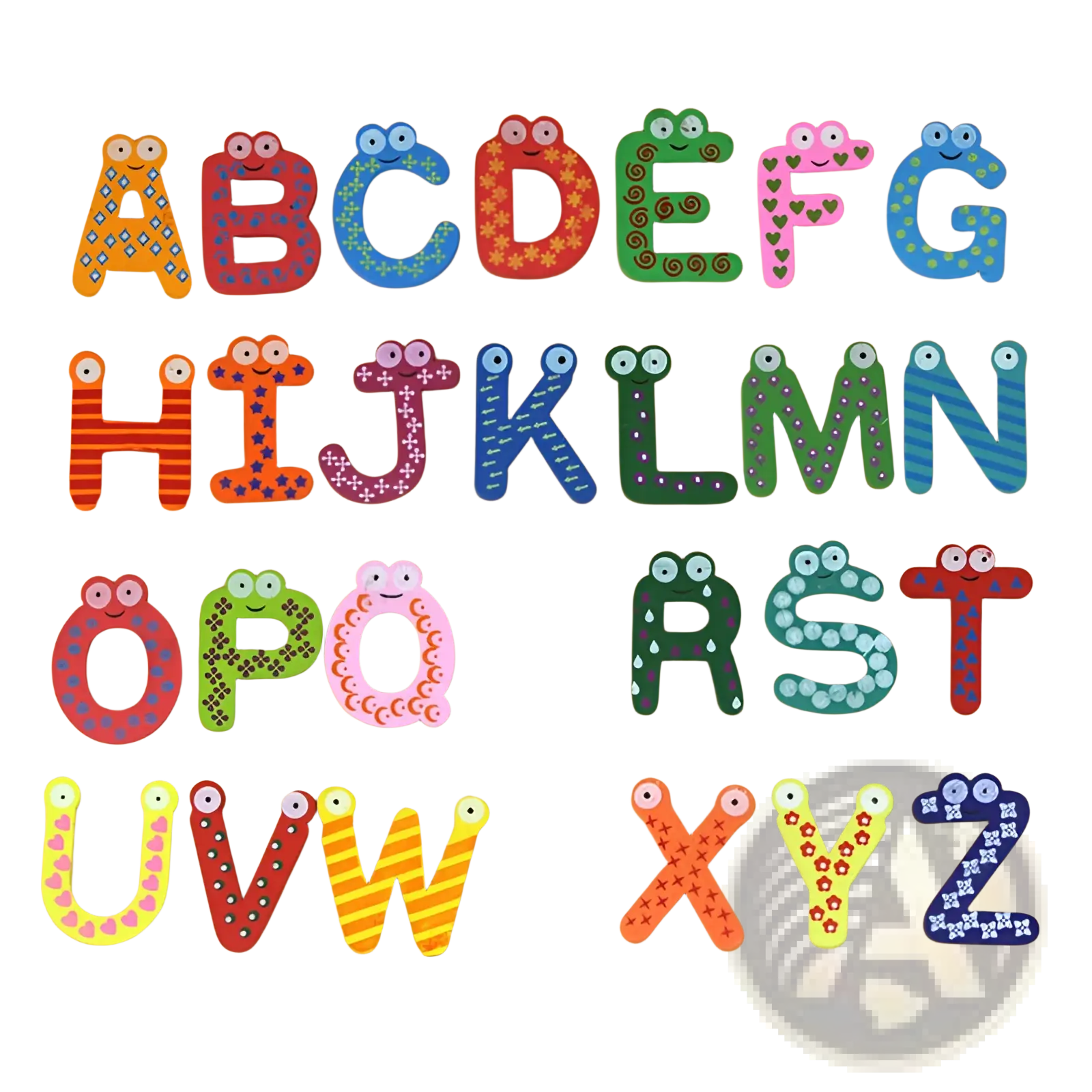 Colorful cartoonish magnetic alphabet magnets with googly eyes and playful patterns for kids toys on fridge