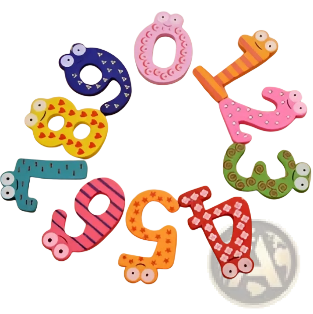 Colorful cartoon-style magnetic number fridge magnets with googly eyes and wheels for kids toys