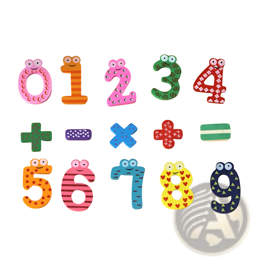 Colorful wooden magnetic number fridge magnets for kids toys with math symbols and cartoon faces featuring unique patterns