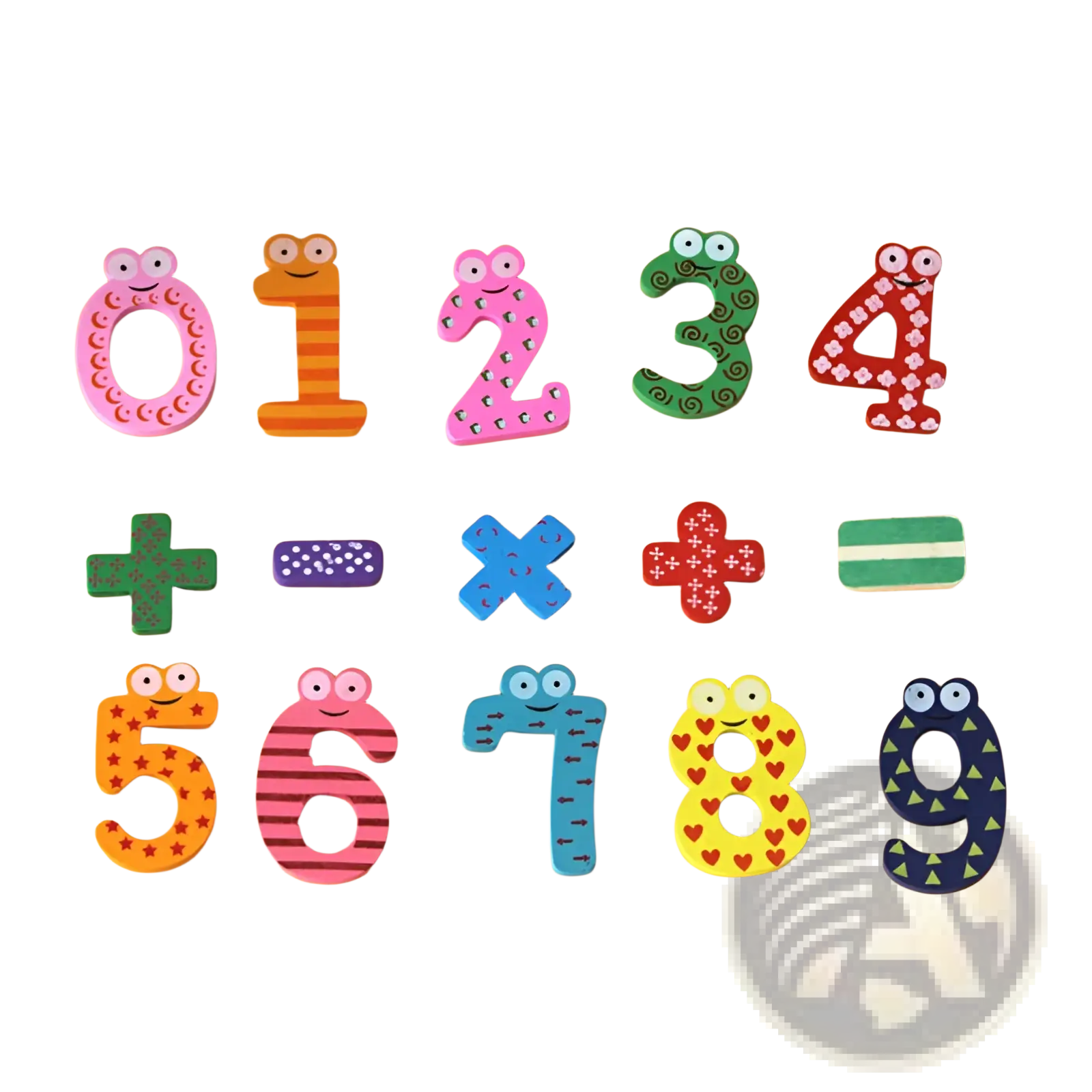 Colorful wooden magnetic number fridge magnets for kids toys with math symbols and cartoon faces featuring unique patterns