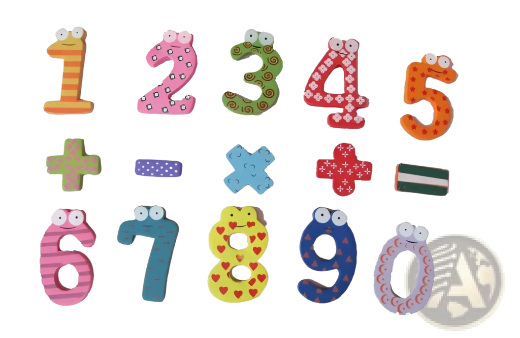 Colorful wooden magnetic number fridge magnets for kids with unique patterns and googly eyes for playful learning