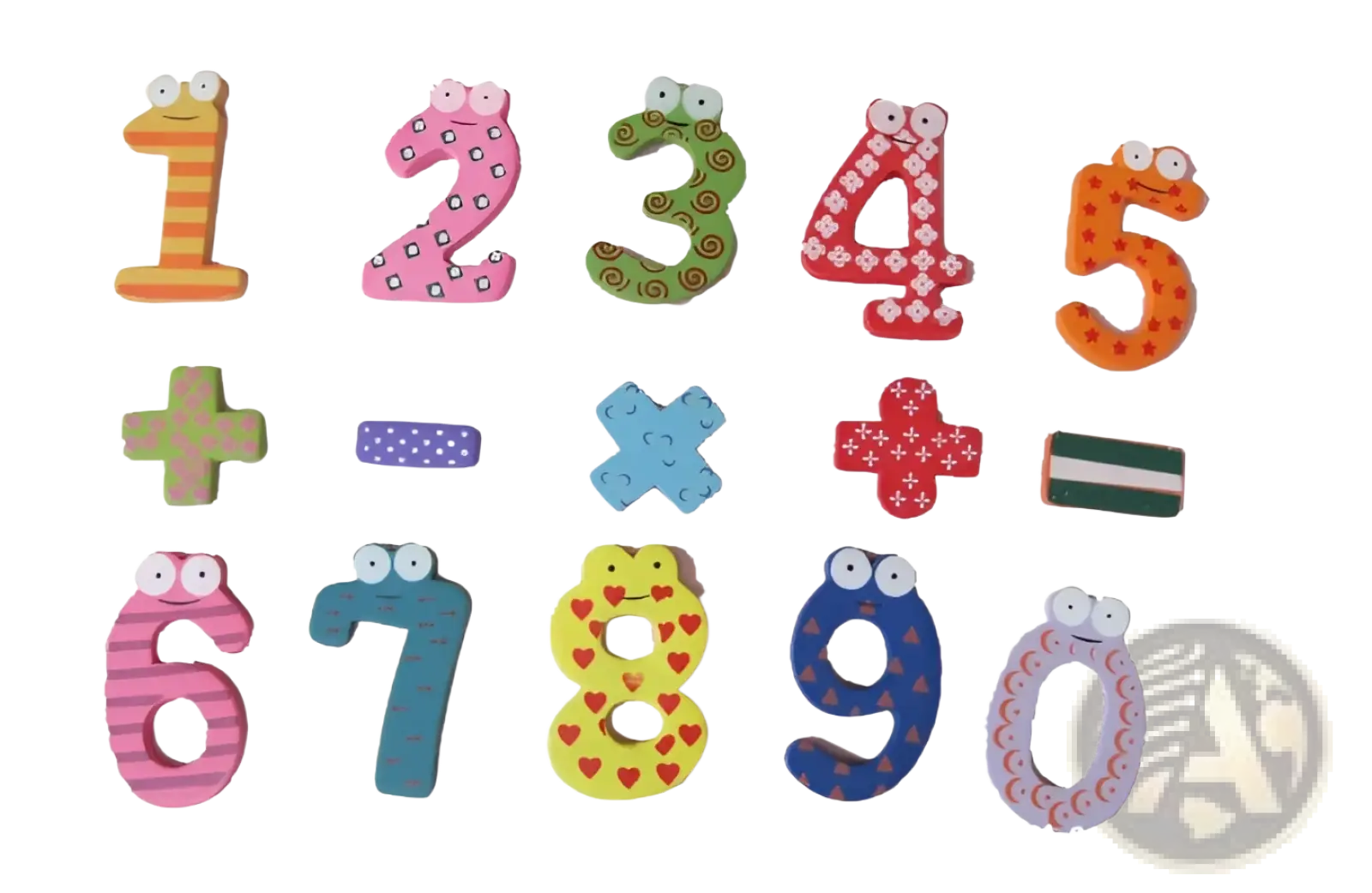 Colorful wooden magnetic number fridge magnets for kids with unique patterns and googly eyes for playful learning