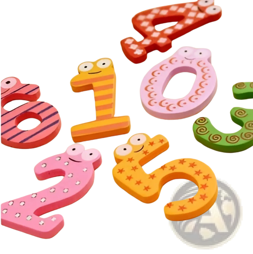 Magnetic number fridge magnets for kids toys with pink orange and green wooden cutouts featuring cartoon faces