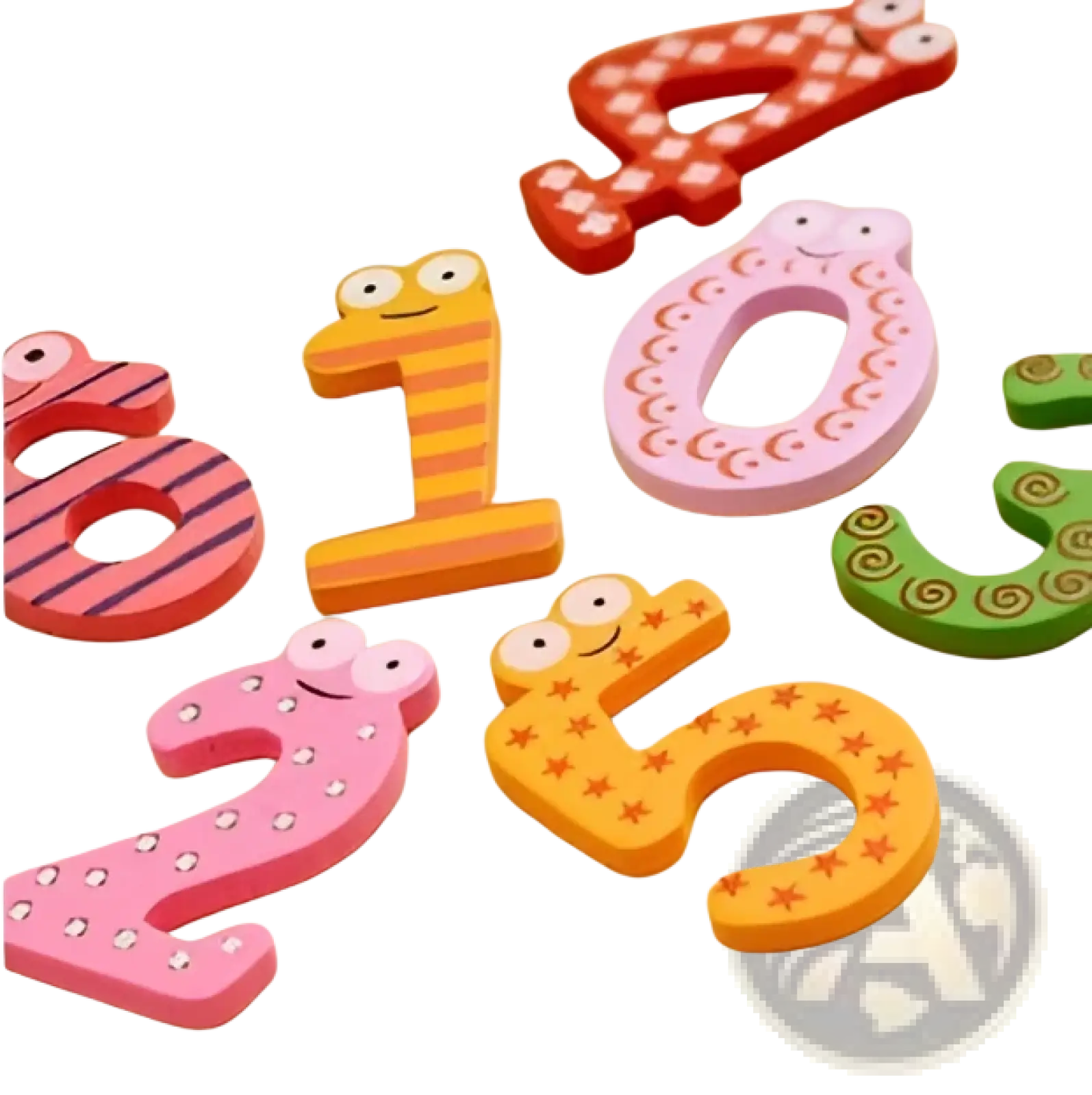 Magnetic number fridge magnets for kids toys with pink orange and green wooden cutouts featuring cartoon faces