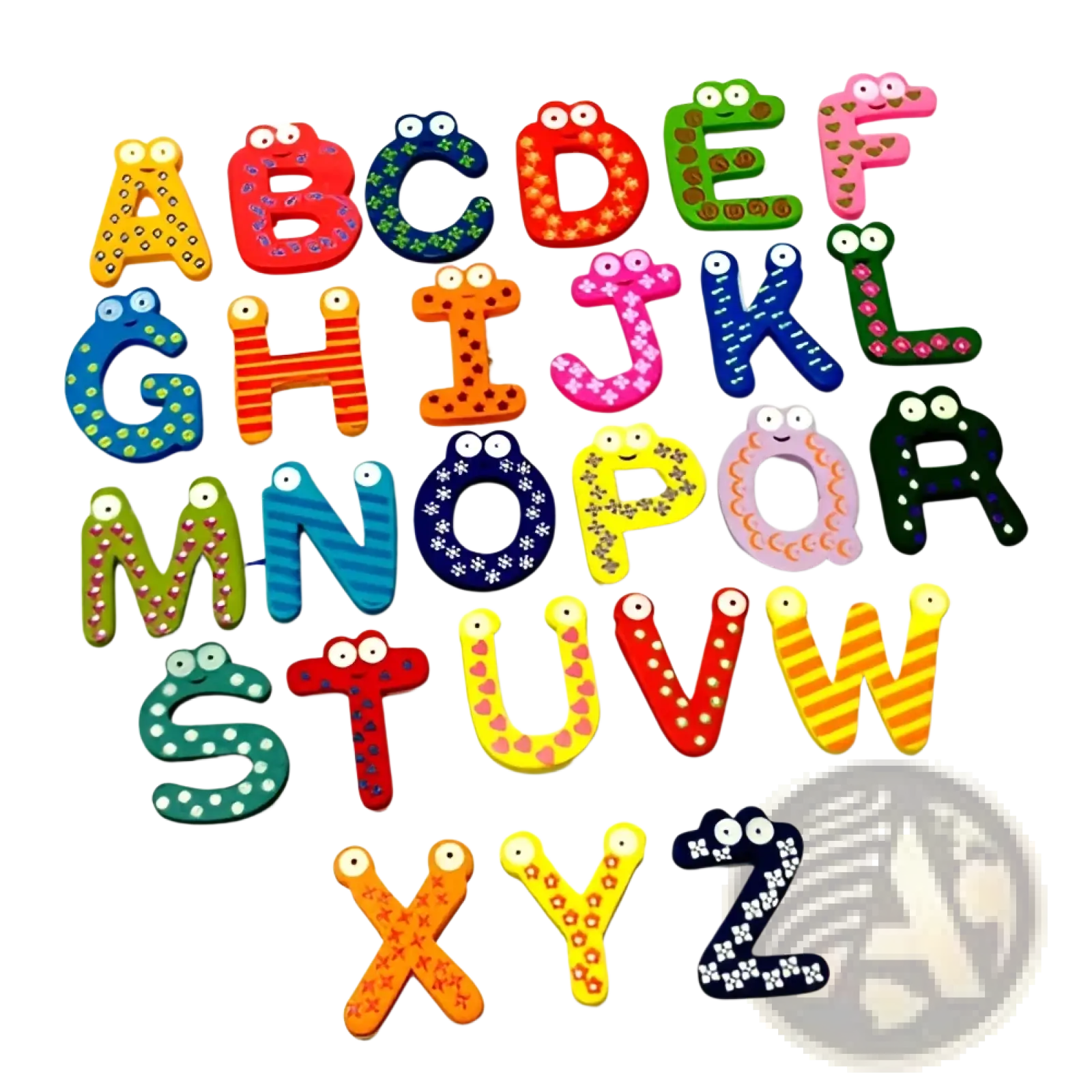 Colorful cartoonish magnetic alphabet letter magnets with googly eyes and patterns for kids toys on fridge