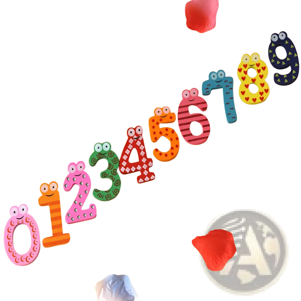 A set of colorful wooden magnetic number fridge magnets with smiling faces and cartoonish patterns for kids toys