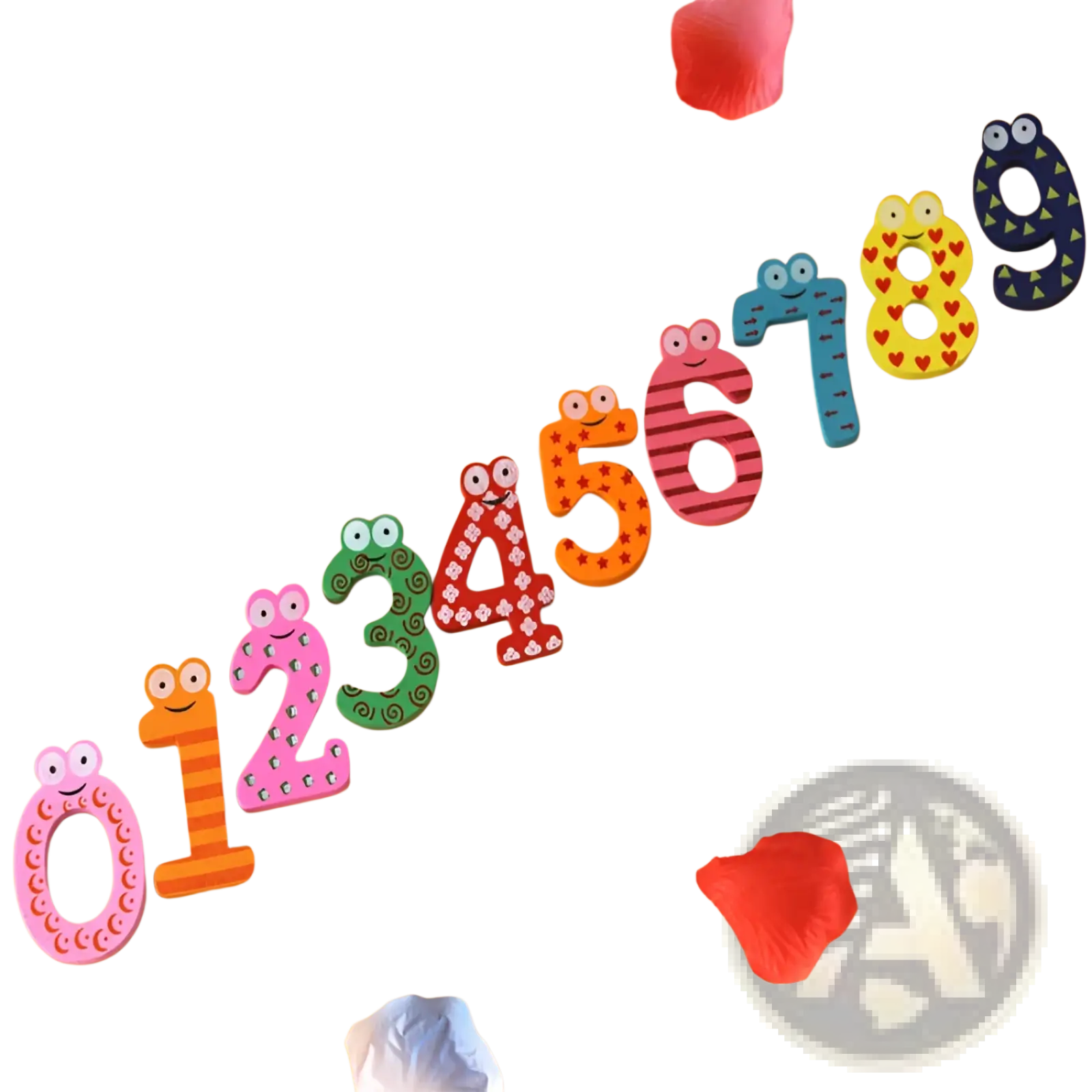 A set of colorful wooden magnetic number fridge magnets with smiling faces and cartoonish patterns for kids toys