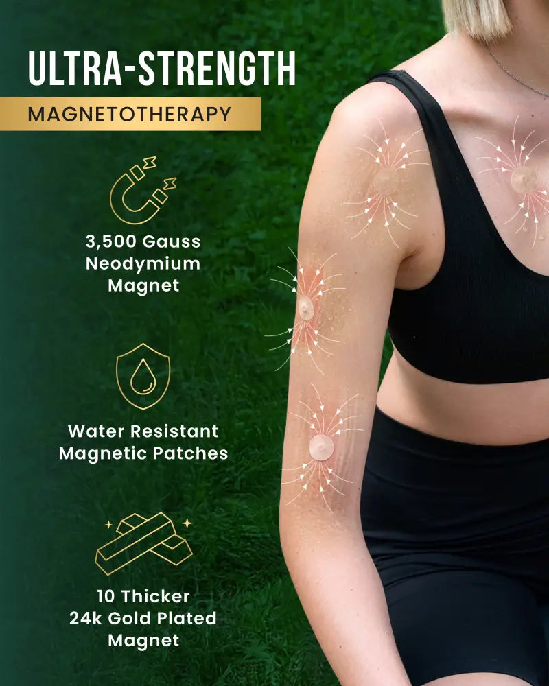 Black neodymium magnetic therapy patches 20 pack with 3500 gauss magnets and gold-plated designs for pain relief