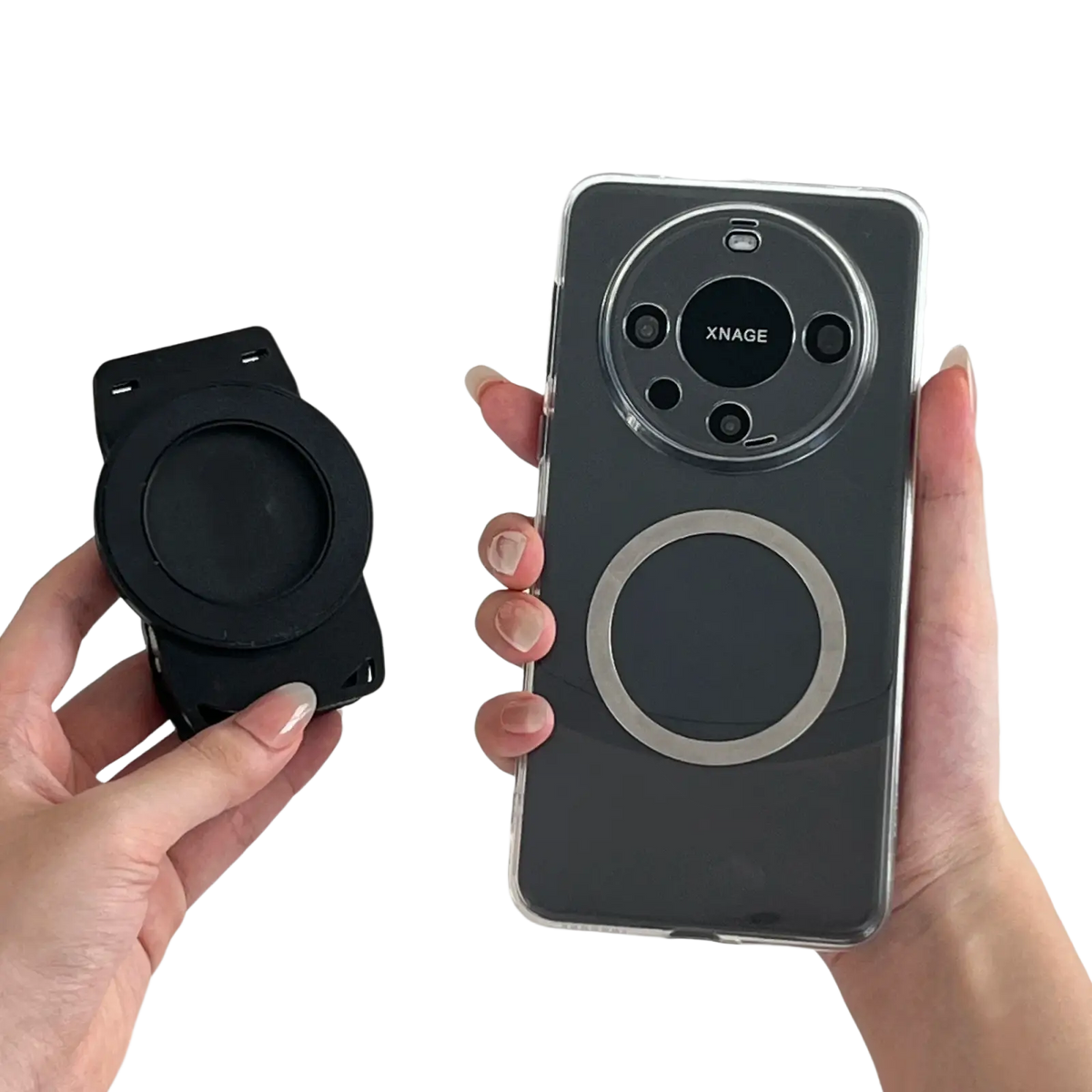 Black magnetic phone backpack clip universal mount showing back with silver ring camera cutout and xnage branding