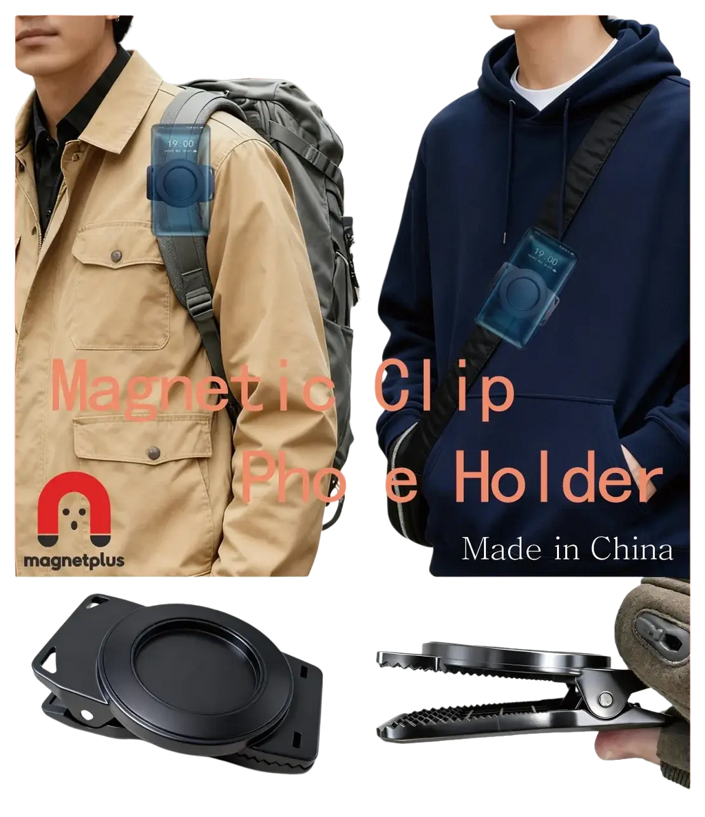 Black magnetic phone backpack clip universal mount with circular clamping mechanism and textured grip surfaces