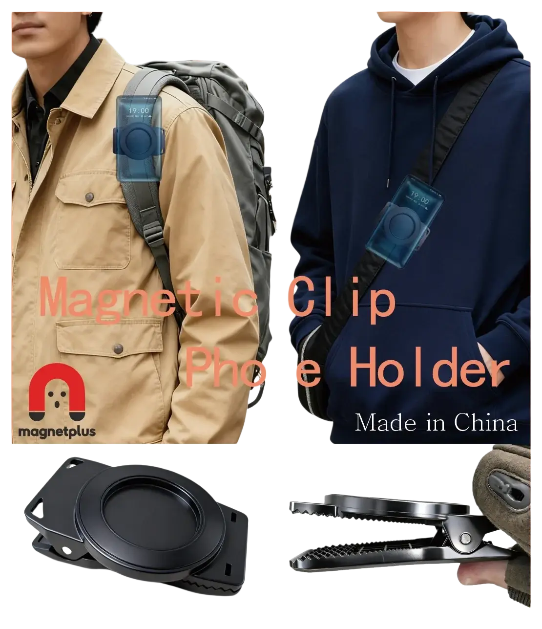 Black magnetic phone backpack clip universal mount with circular clamping mechanism and textured grip surfaces