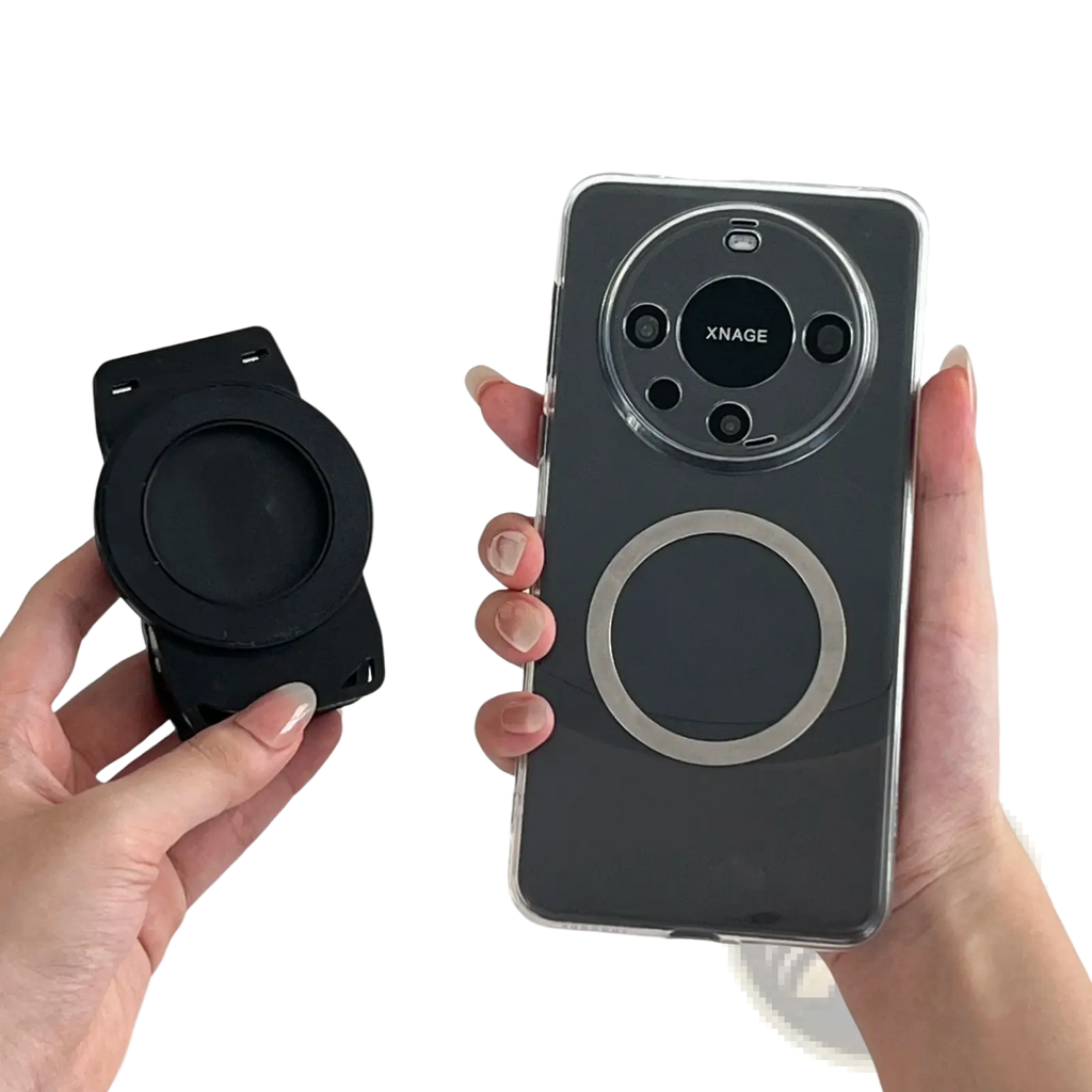 Black magnetic phone backpack clip universal mount showing back with silver ring camera cutout and xnage branding