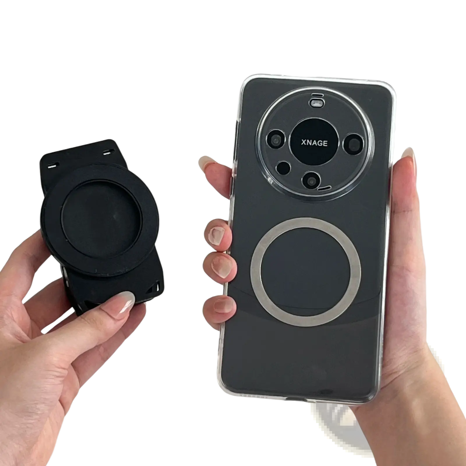 Black magnetic phone backpack clip universal mount showing back with silver ring camera cutout and xnage branding