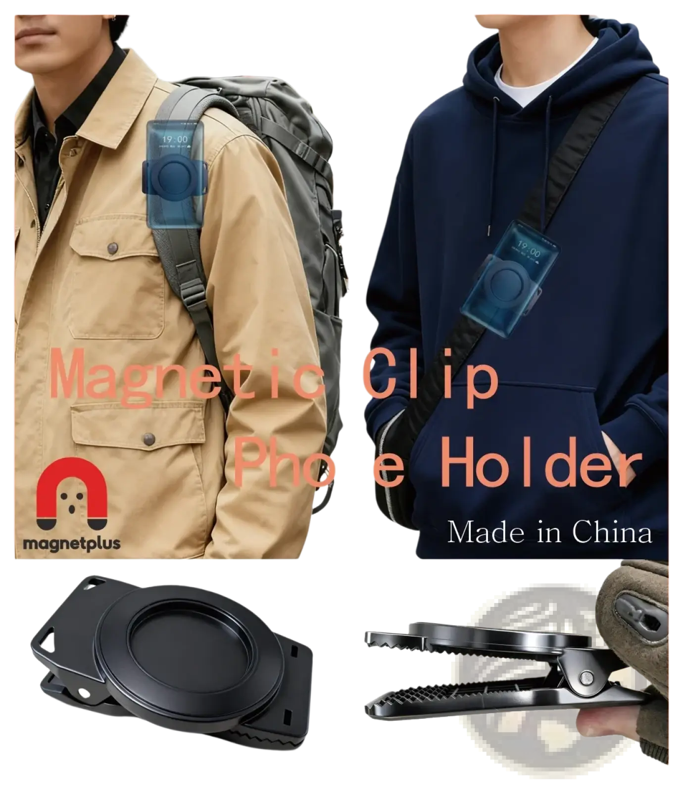 Black magnetic phone backpack clip universal mount with circular clamping mechanism and textured grip surfaces