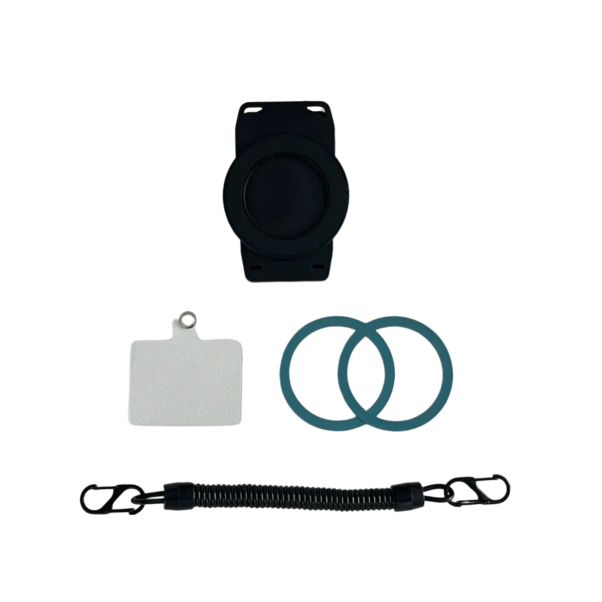 Black silicone magnetic phone backpack clip with adjustable strap and elastic cord universal mount back side view
