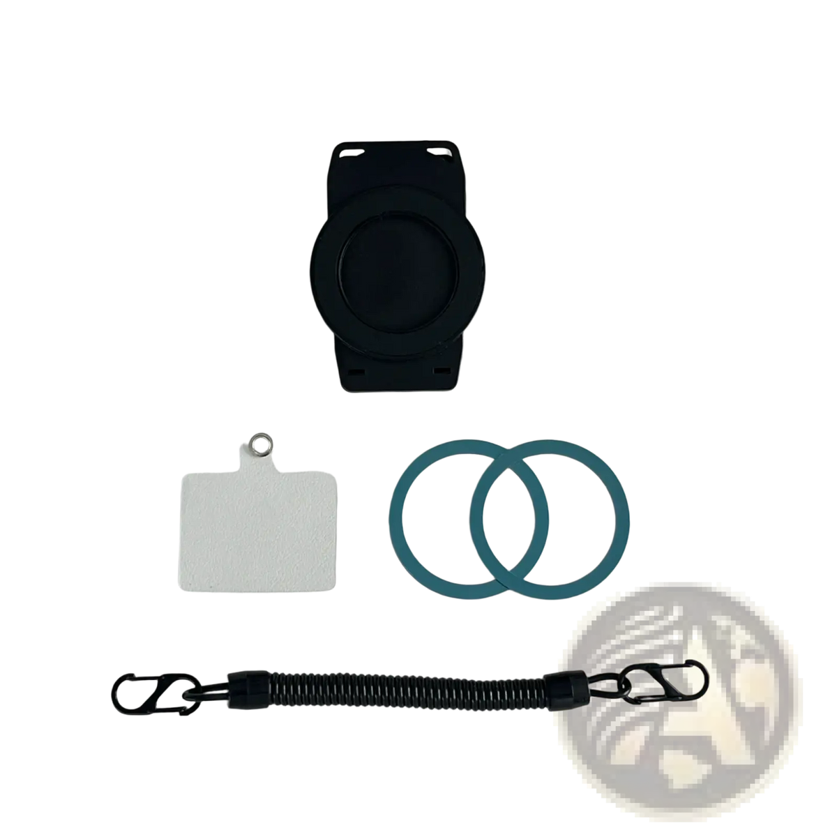 Black silicone magnetic phone backpack clip with adjustable strap and elastic cord universal mount back side view