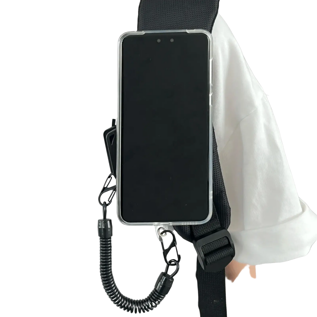 Black phone strap with coiled cord and metal clips for magnetic phone backpack clip universal mount accessory
