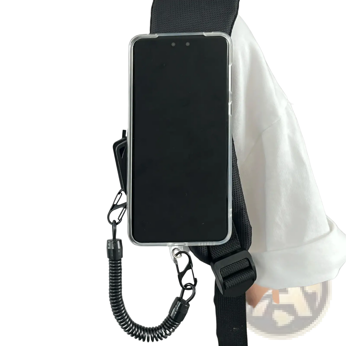 Black phone strap with coiled cord and metal clips for magnetic phone backpack clip universal mount accessory