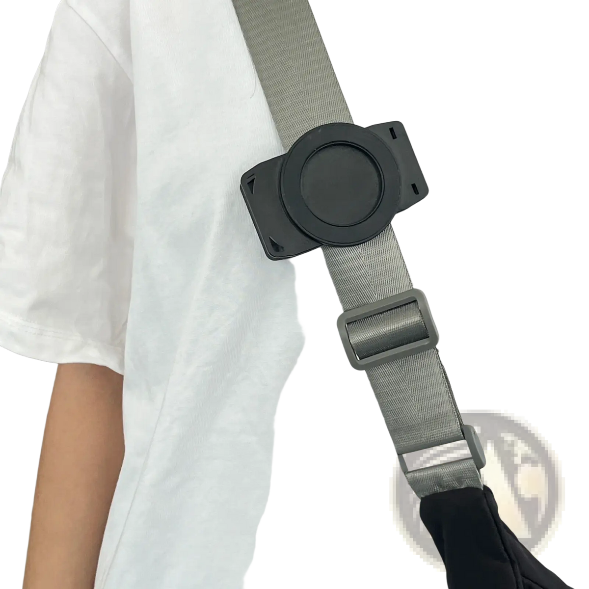 Gray adjustable strap with black plastic buckle and circular clip for magnetic phone backpack clip universal mount