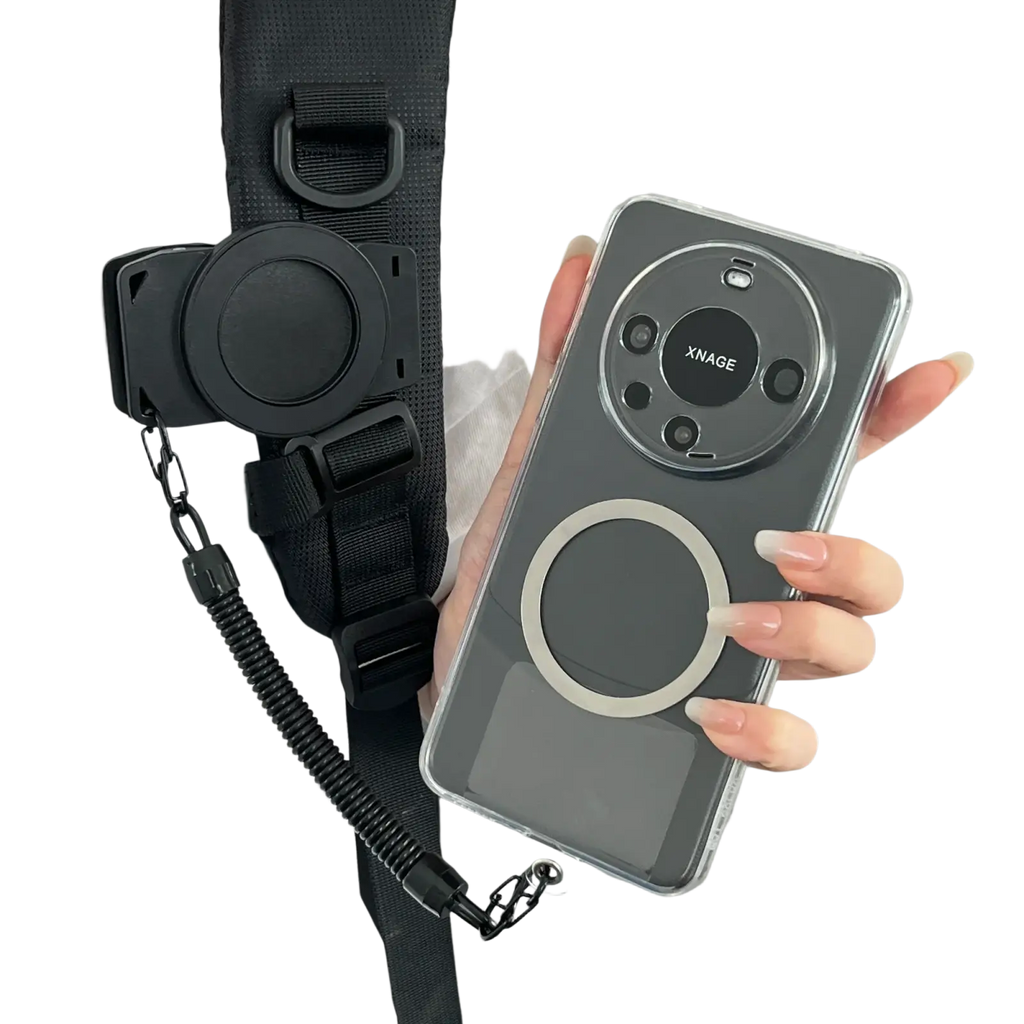 A sleek transparent phone case with a circular magnetic ring and black strap attachment for huawei xnage shown from the back