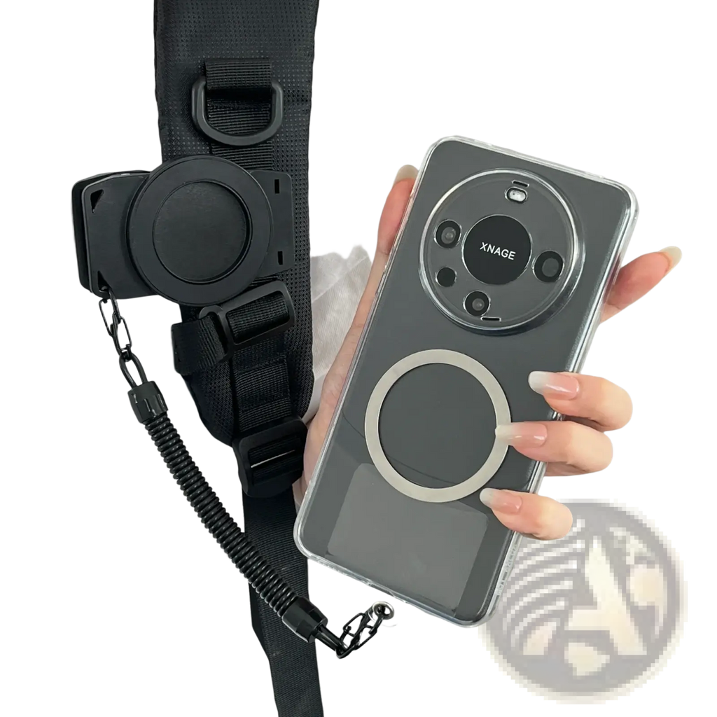 A sleek transparent phone case with a circular magnetic ring and black strap attachment for huawei xnage shown from the back