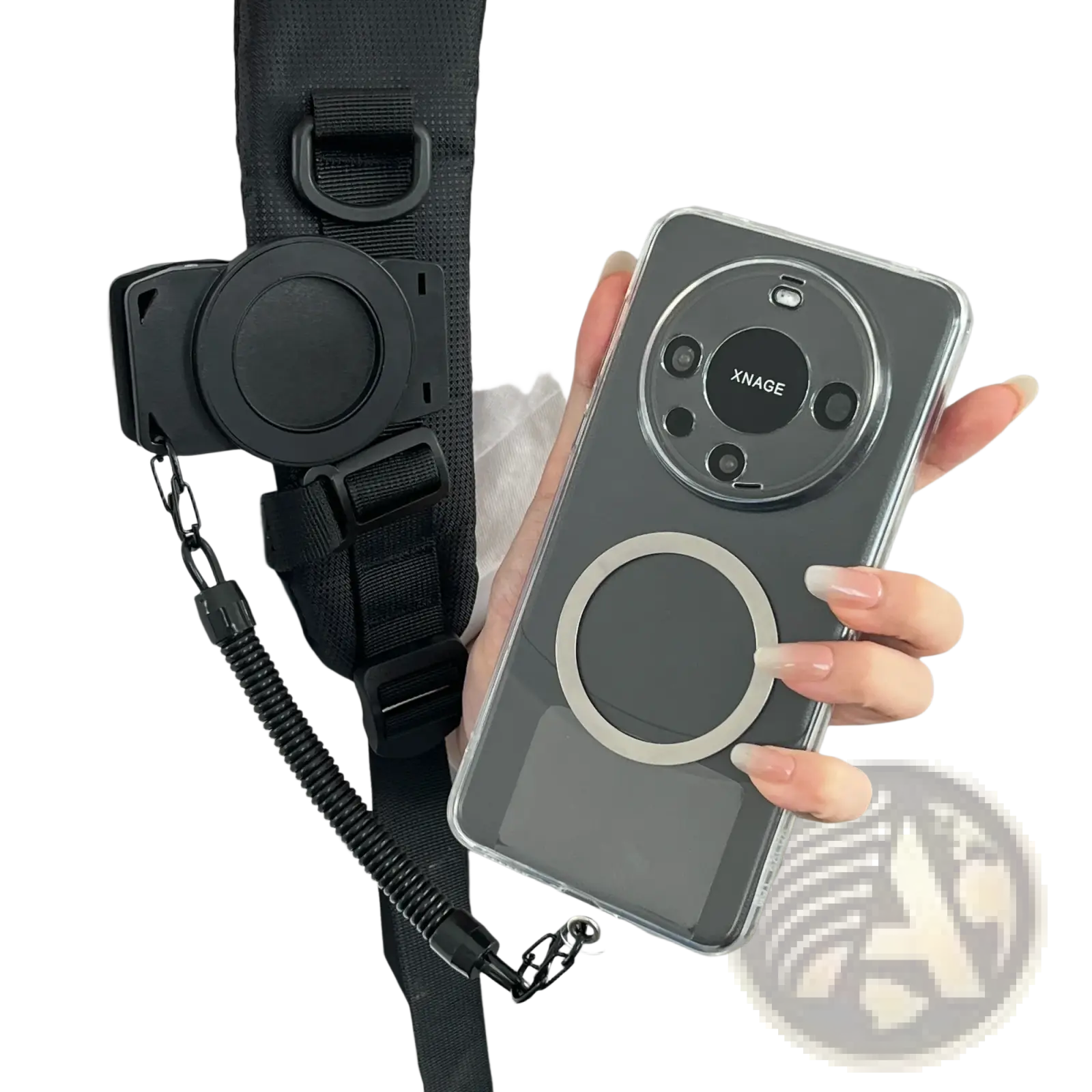 A sleek transparent phone case with a circular magnetic ring and black strap attachment for huawei xnage shown from the back