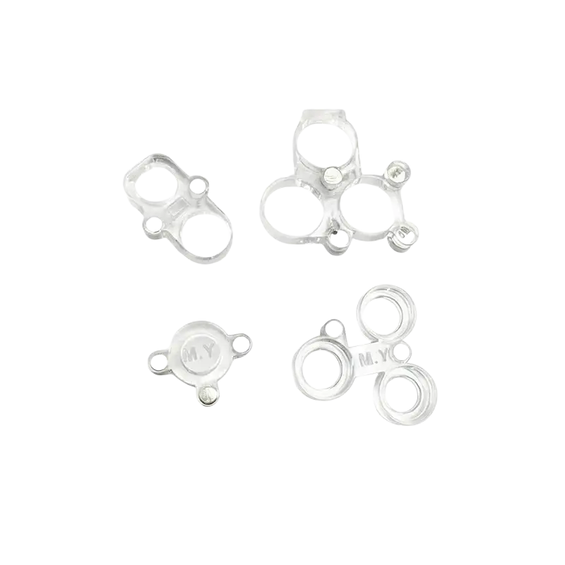 Magnetic phone camera lens protector with clear plastic connectors and silver metal accents for soldering repair use