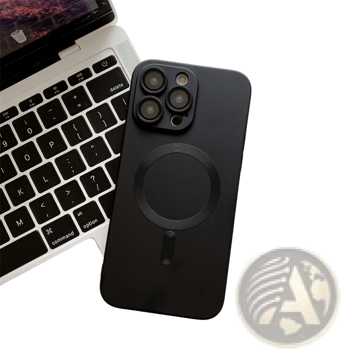 Black matte magnetic phone case with lens protector showing back side and circular charging pad for iphone 13 pro max