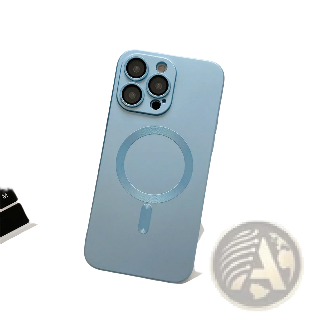 Light blue matte magnetic phone case with circular magnetic charging pad and camera cutout for iPhone back side