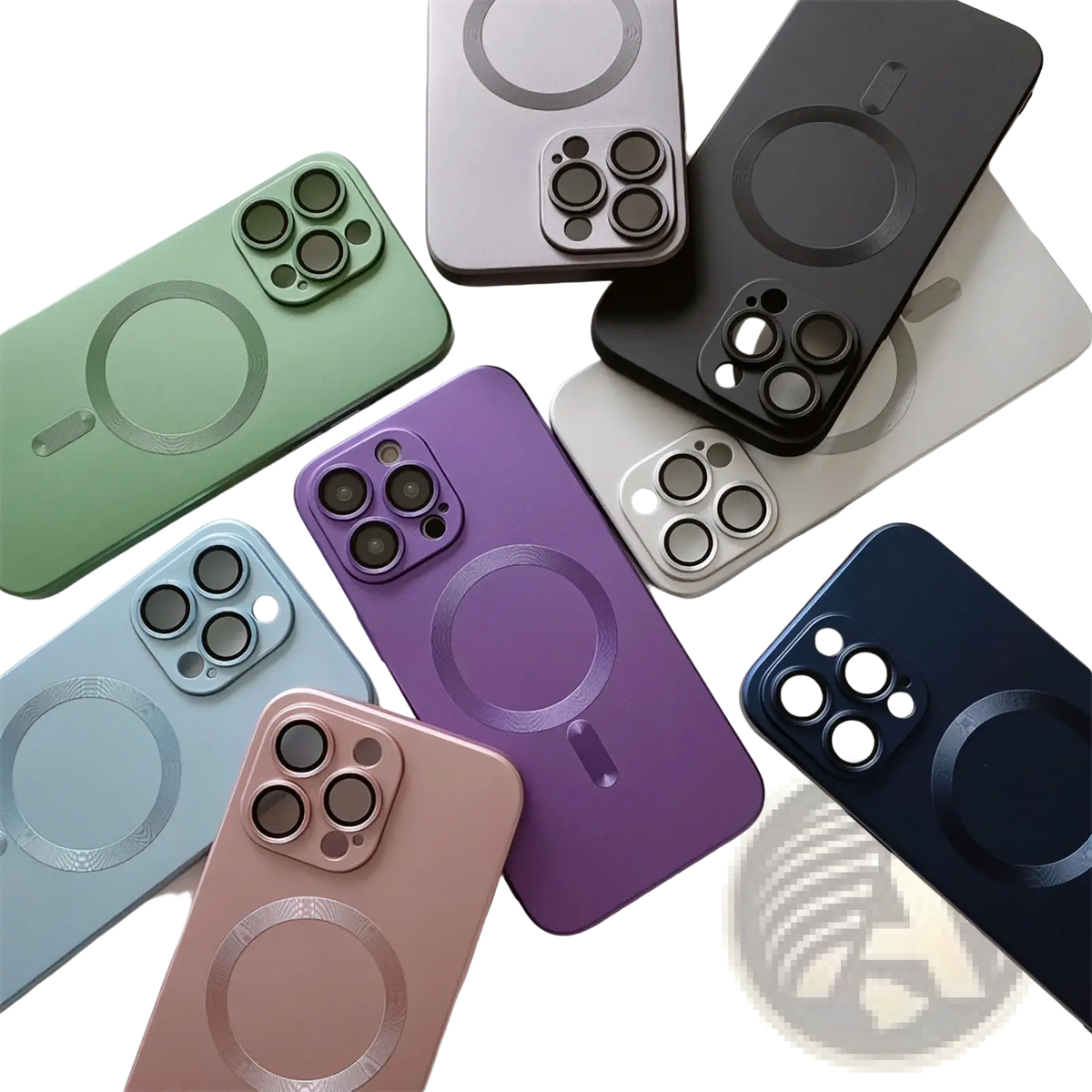 A collection of sleek matte magnetic phone cases with lens protectors for iphone in pastel and bold colors shown from the back side