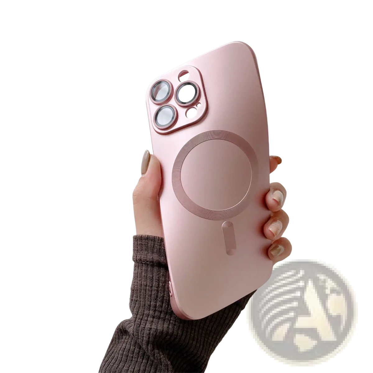 A sleek rose gold magnetic phone case with lens protector showing the back side and circular charging pad design
