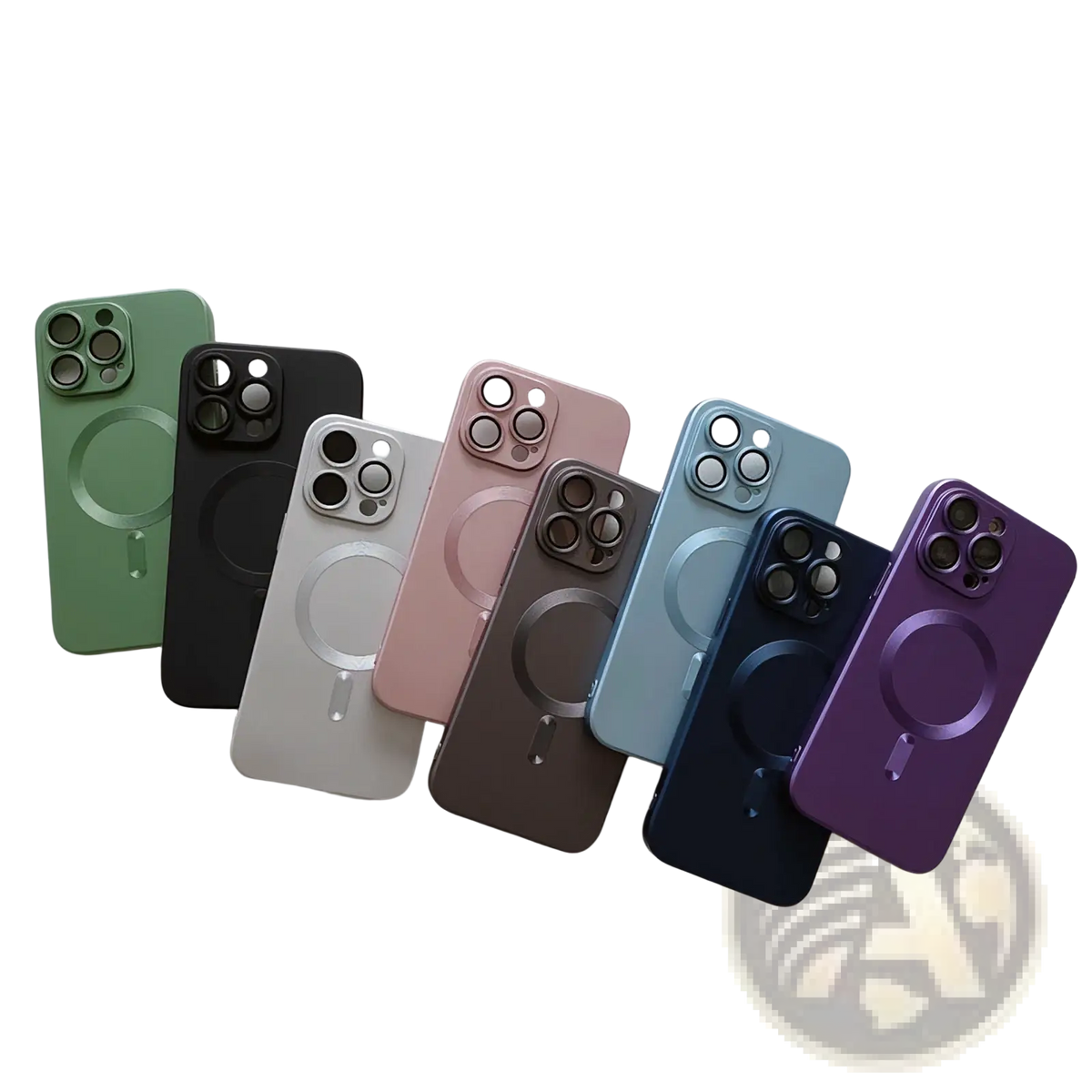 A sleek matte-finish magnetic phone case with lens protector for iphone shown in multiple vibrant colors from the back side