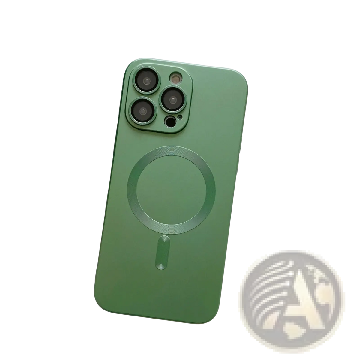Back view of a sleek matte green magnetic phone case with lens protector and circular charging pad for iphone 13 pro
