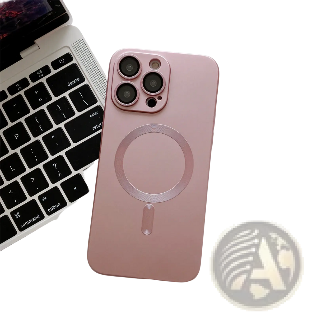 A sleek rose gold magnetic phone case with lens protector and circular charging pad for the back of an iPhone