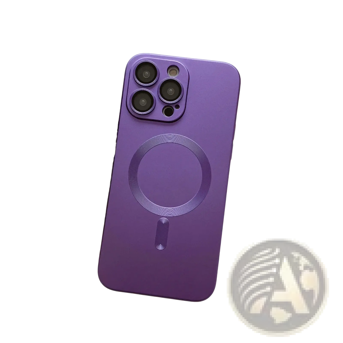 Purple matte magnetic phone case with lens protector showing back side with circular charging pad and camera cutout
