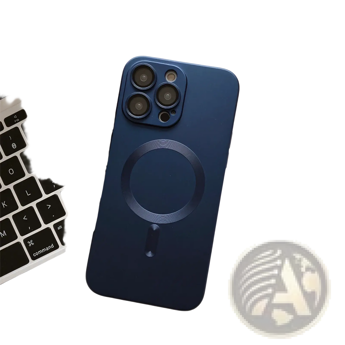 A sleek navy blue magnetic phone case with lens protector showing the back side for iphone with camera cutout