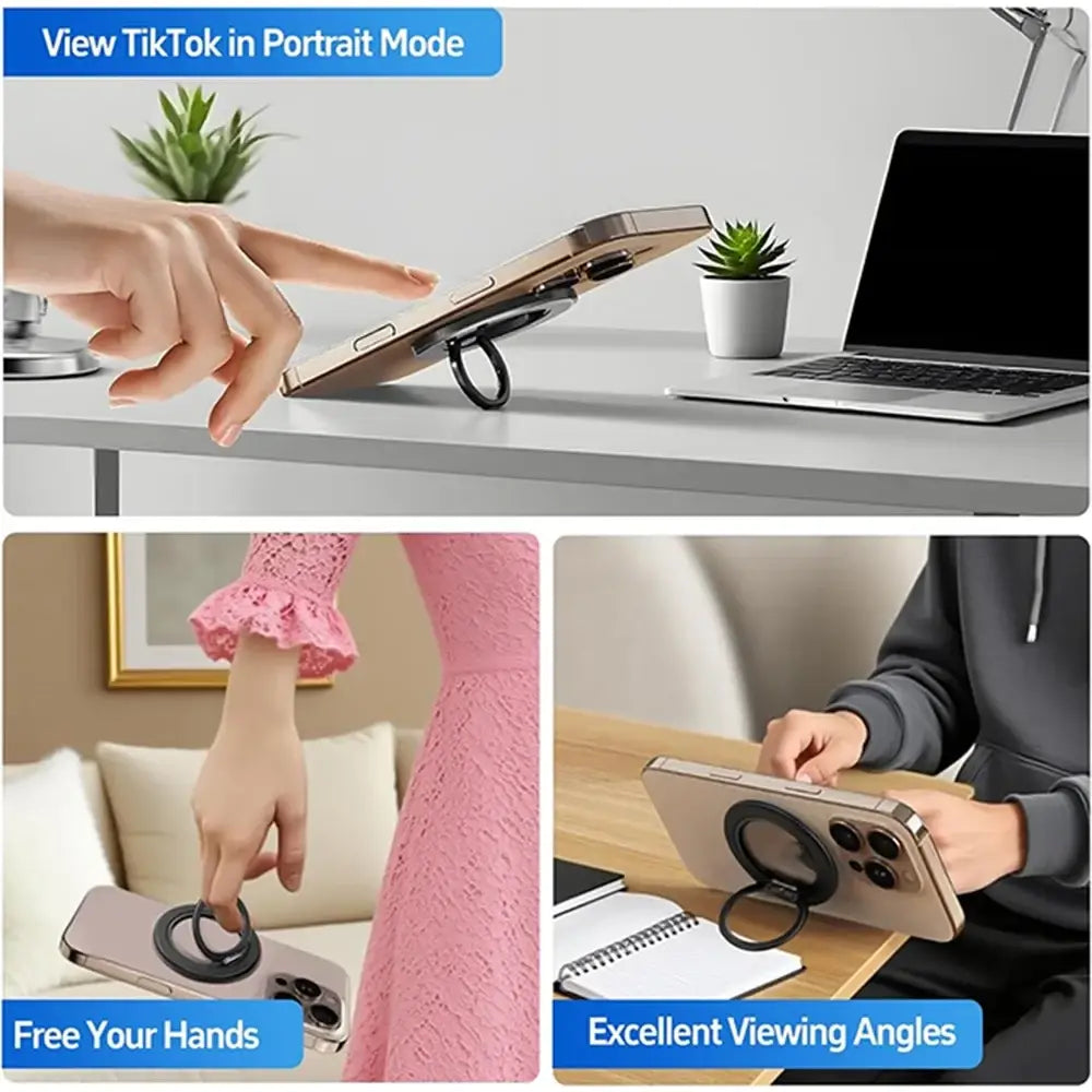 Black magnetic phone grip and finger ring holder showing the back side with a sleek magnetic phone ring design