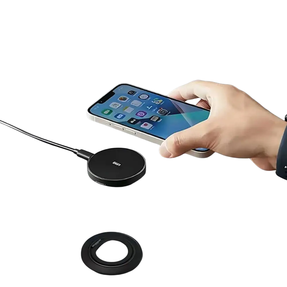 Black circular magnetic phone grip and finger ring holder with wireless charging pad for secure device support