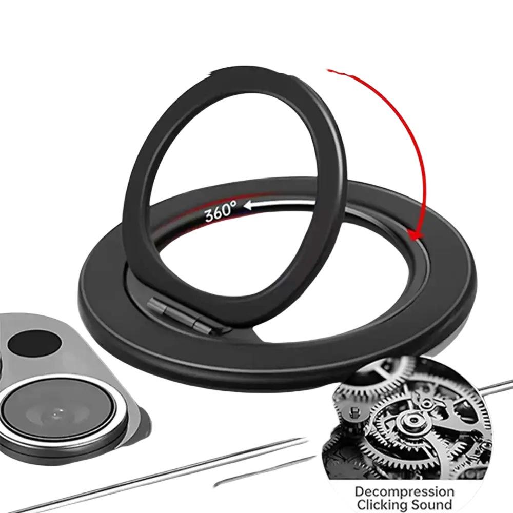 Black silicone magnetic phone grip and finger ring holder with flexible 360-degree rotation and 125-degree flip capability