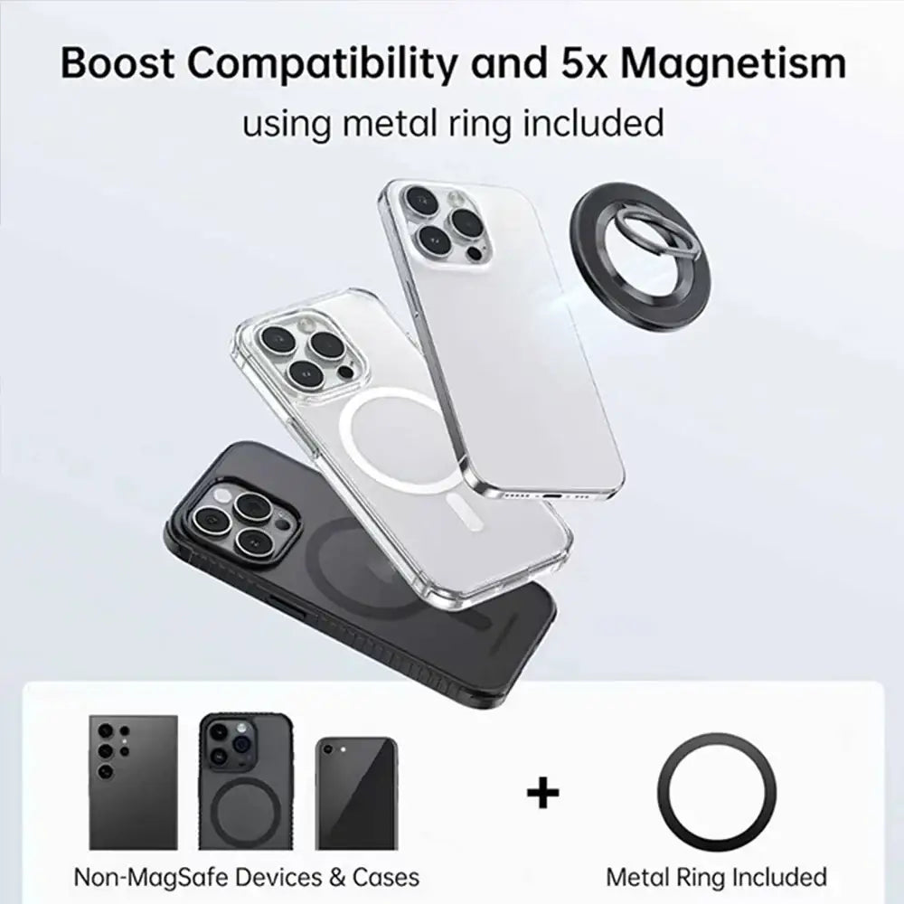 Clear and black magnetic phone cases with circular magnet design and metal ring finger ring for phone grip compatibility