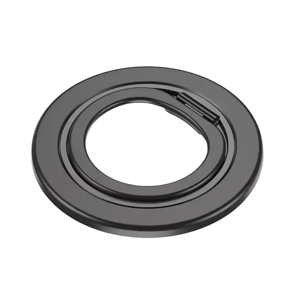Gray circular magnetic phone grip and finger ring holder with sleek minimalist design and smooth metallic finish