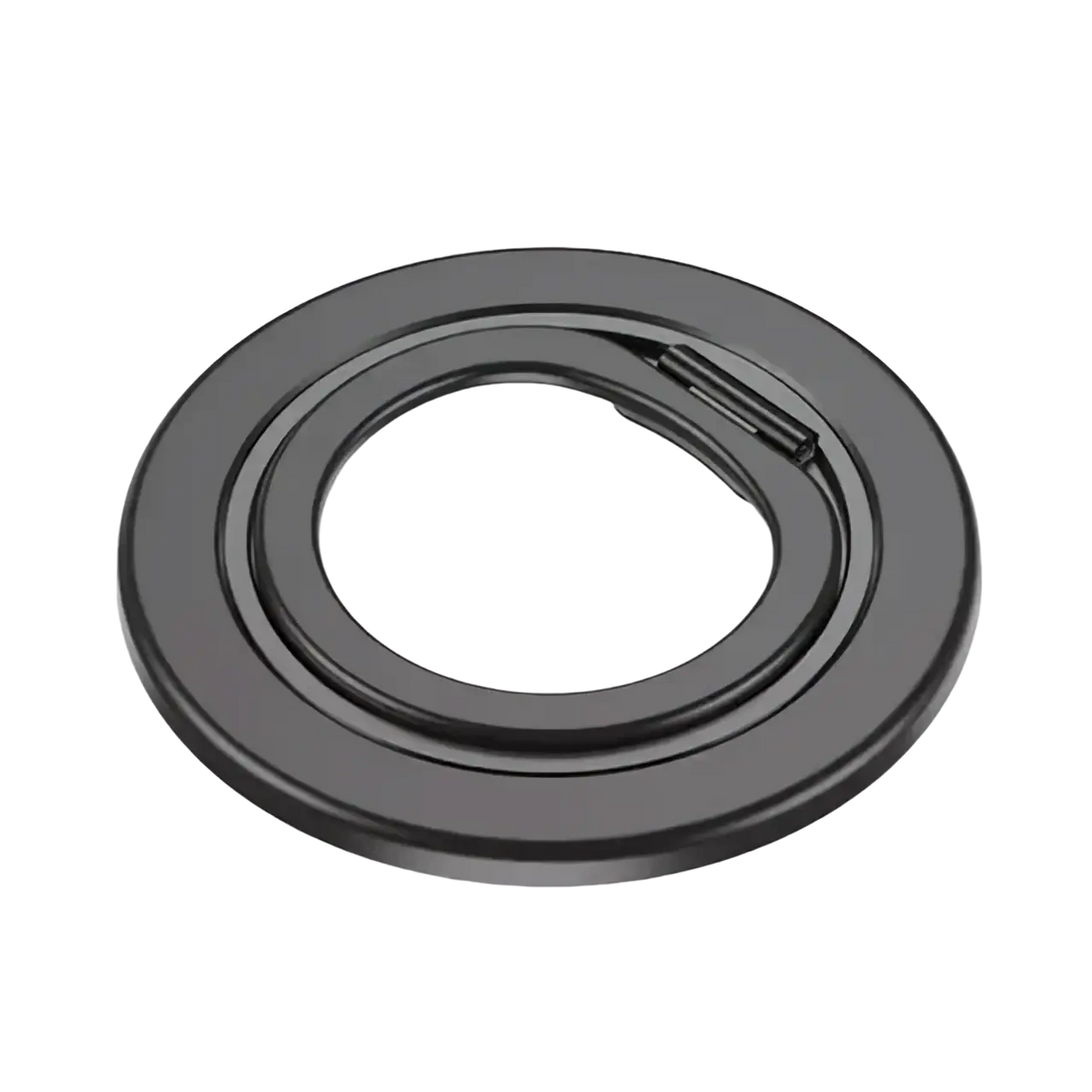 Gray circular magnetic phone grip and finger ring holder with sleek minimalist design and smooth metallic finish