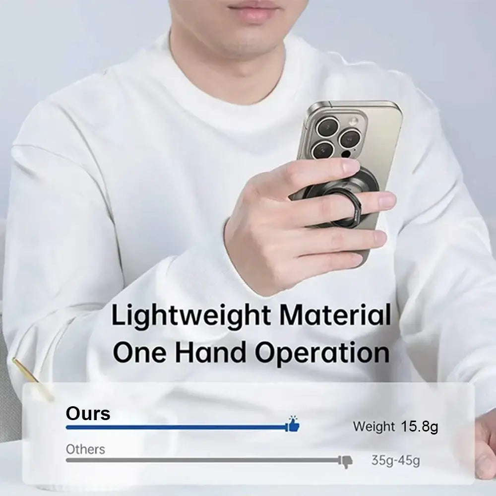 Silver metallic magnetic phone grip and finger ring holder on back side of smartphone with three camera cutouts visible